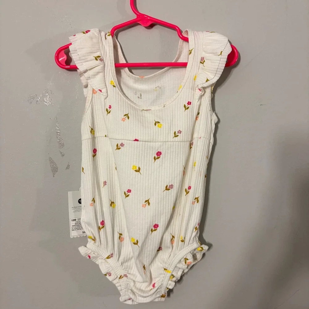 Cloud Island Floral Bodysuit Baby Girl 18M Cream NWT Ruffle Ribbed Knit Sleevele